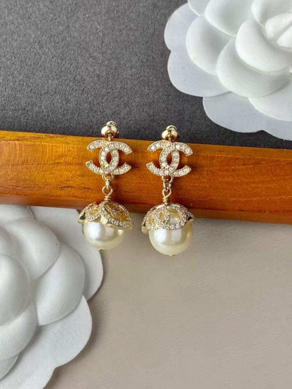 Chanel Classic Double C Logo Pearl Drop Earrings